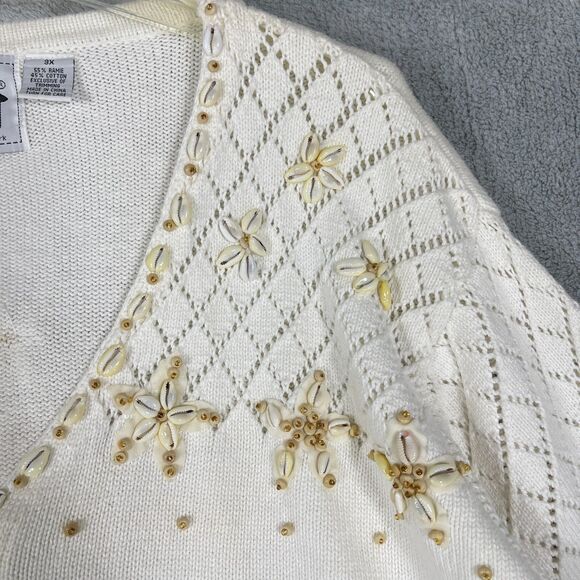 Storybook Knits Cardigan Sweater Women's 3X Beige Seashells Long Sleeve V-Neck - Picture 5 of 16